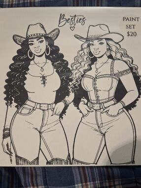 12x12 Besties Paint Set- Black & White Cowgirl Illustration With Paint Pallate